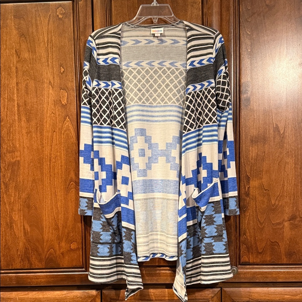 LuLaRoe Caroline Blue, White, Gray, & Black patterned Cardigan